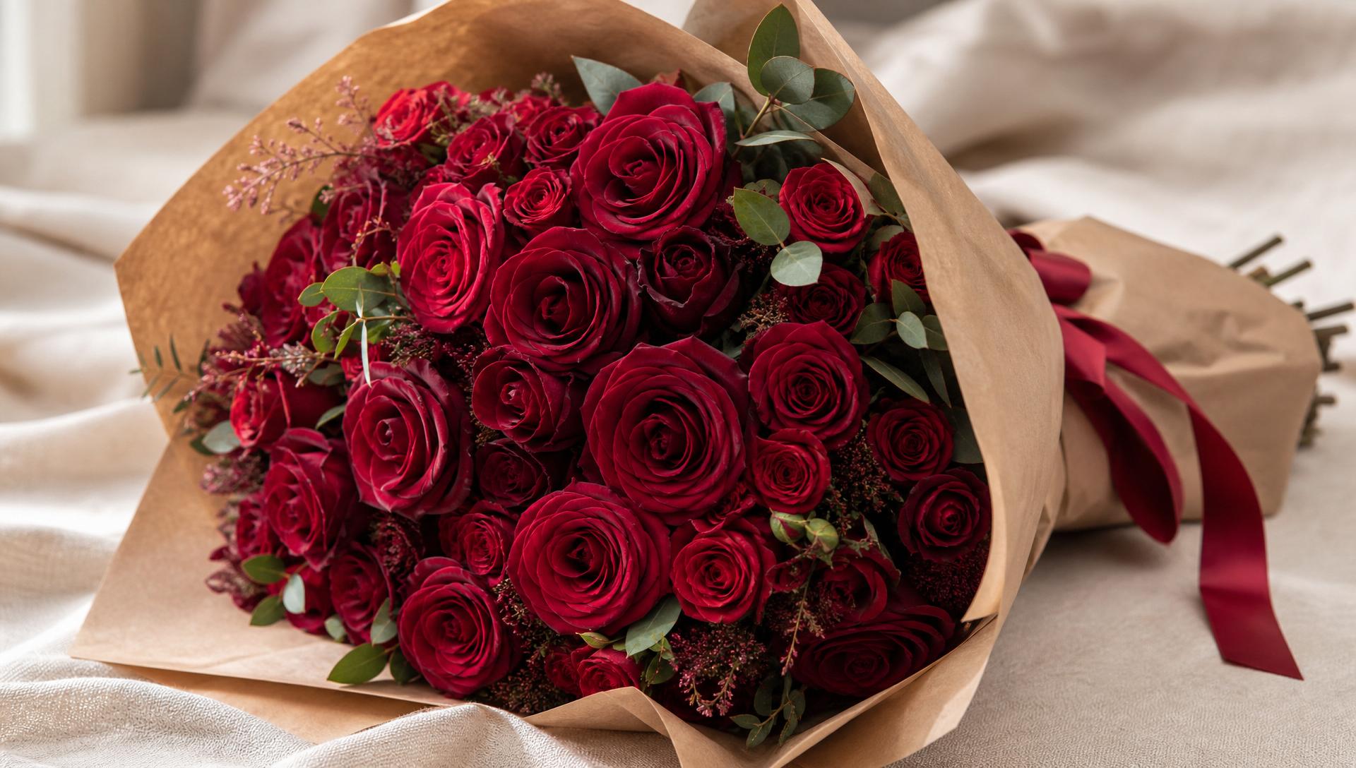 Bouquet of red roses wrapped in kraft paper